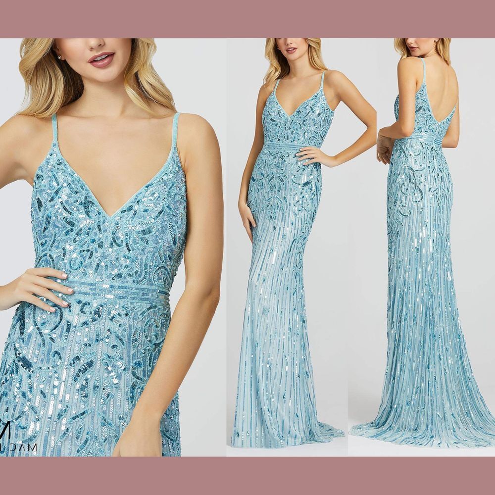 NWT $598 Mac Duggal [ 16 ] Sleeveless V Neck Embellished‎ Sequin Gown Blue #Q795